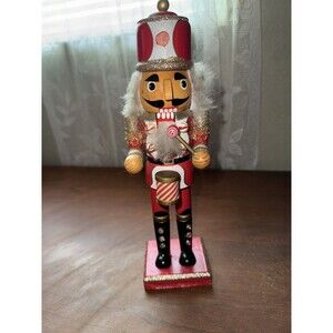 Vintage Gold & Red Nutcracker 11" Wood Drummer Boy Gold Glitter White Fur 1990’s